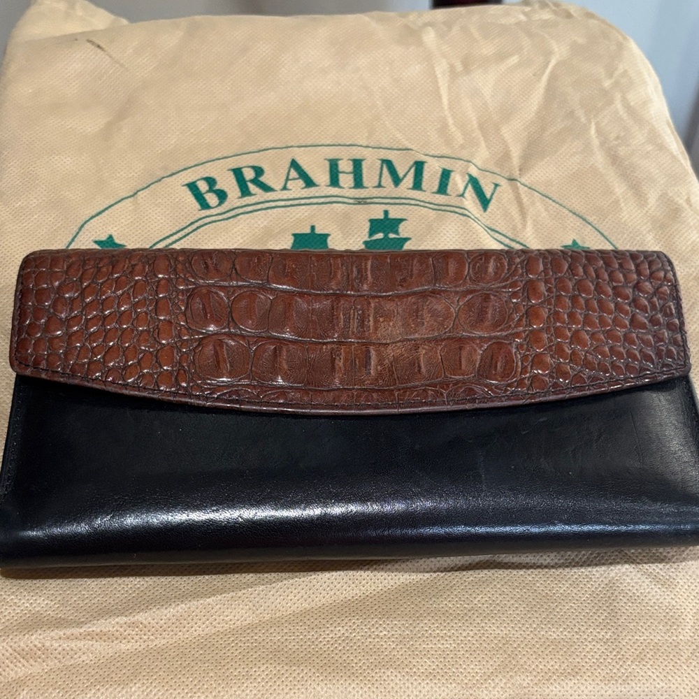 Brahmin Croc-Embossed Brown and Black Wallet